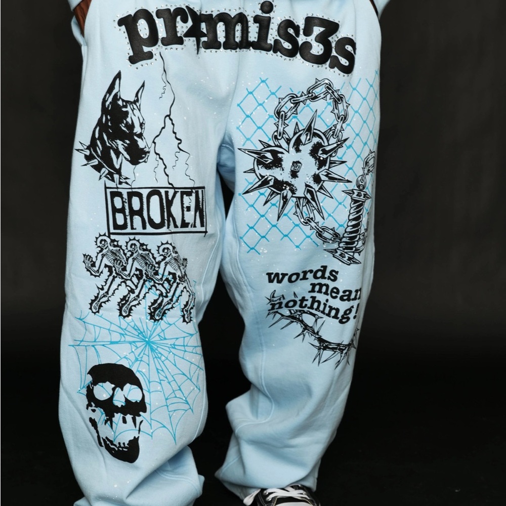 #415  Broken Promises Baby Blue Joggers Unisex Used fixable some flaws with tlc